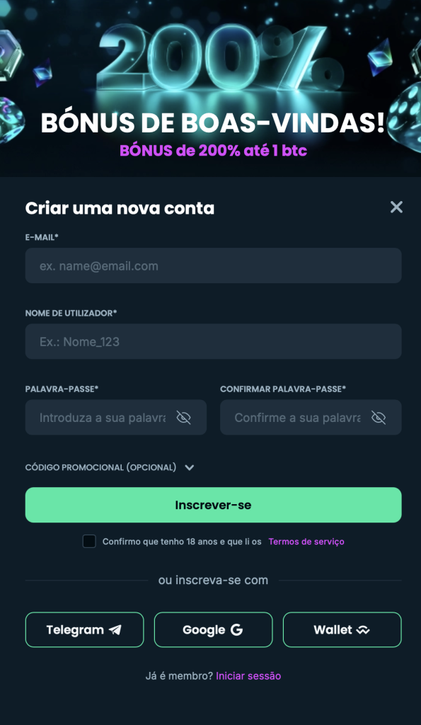 Criar conta em cassino online